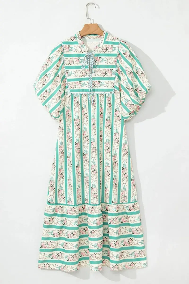 Striped Floral Print Tie Neck Puff Sleeve Midi Dress For Women - Love Salve